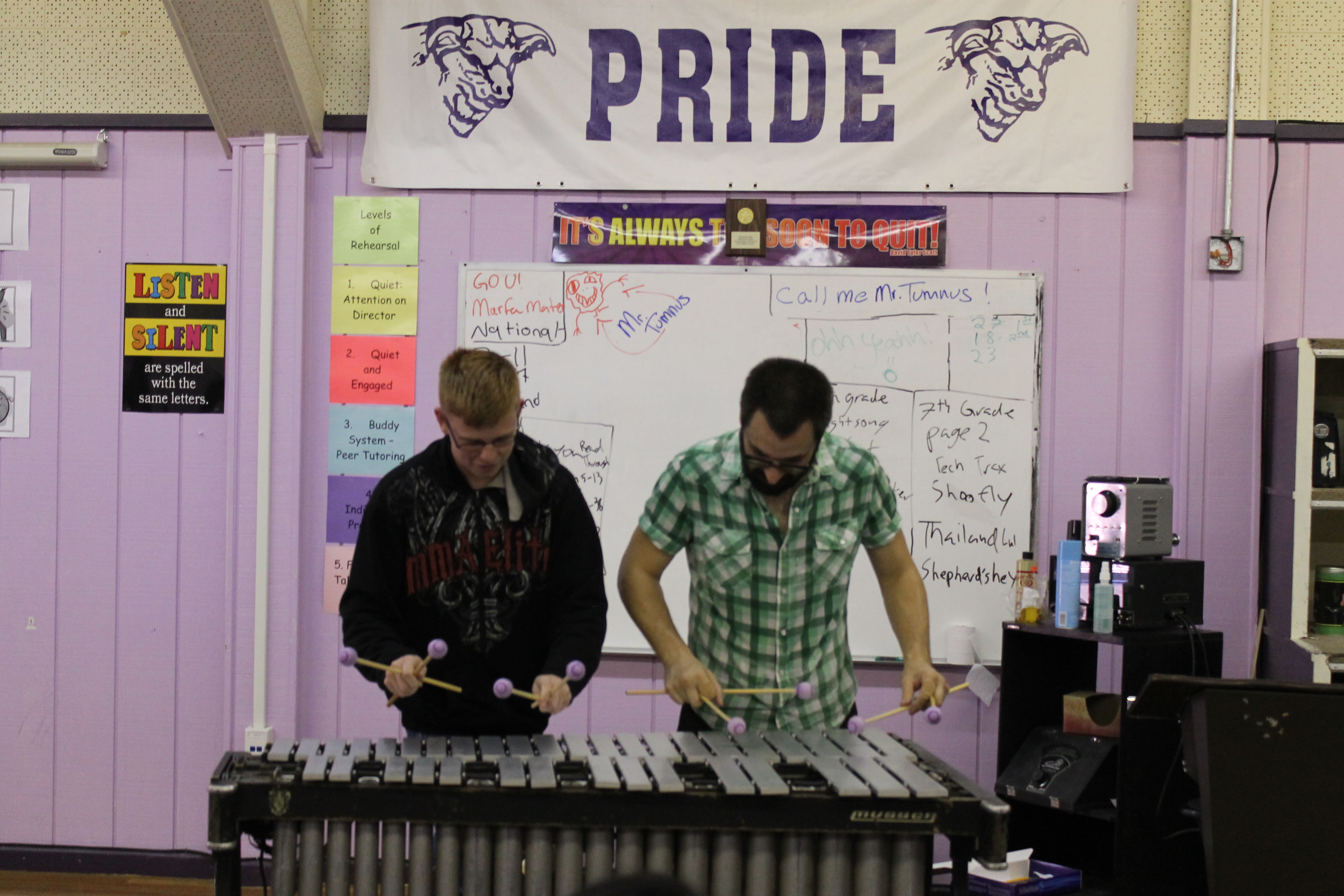 Jason Adasiewicz and a band student playing the vibraphone, 19 September 2012. Photo by Jessica Brassler.